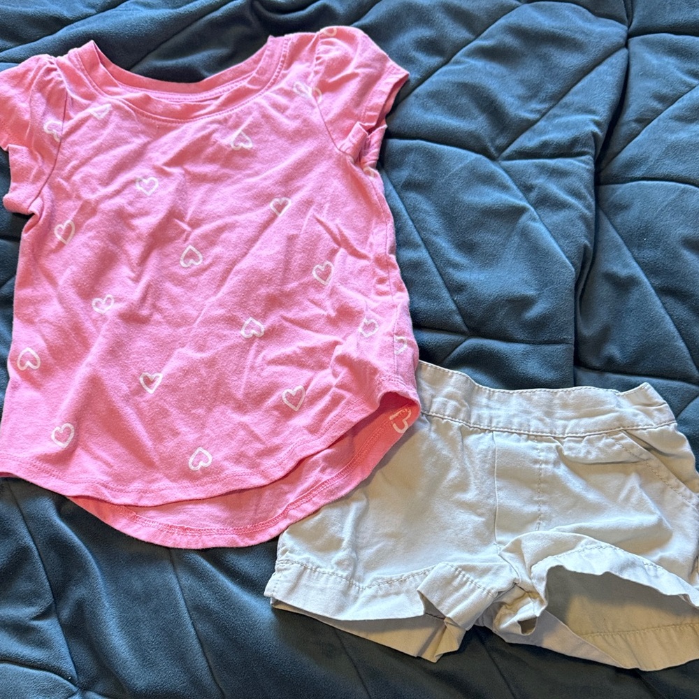Pink Heart T-Shirt and Beige Shorts Set